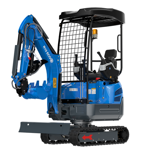 Rippa R15 ECO Minibagger, freigestellt, linke Seitenansicht mit Schutzdach und Grabarm